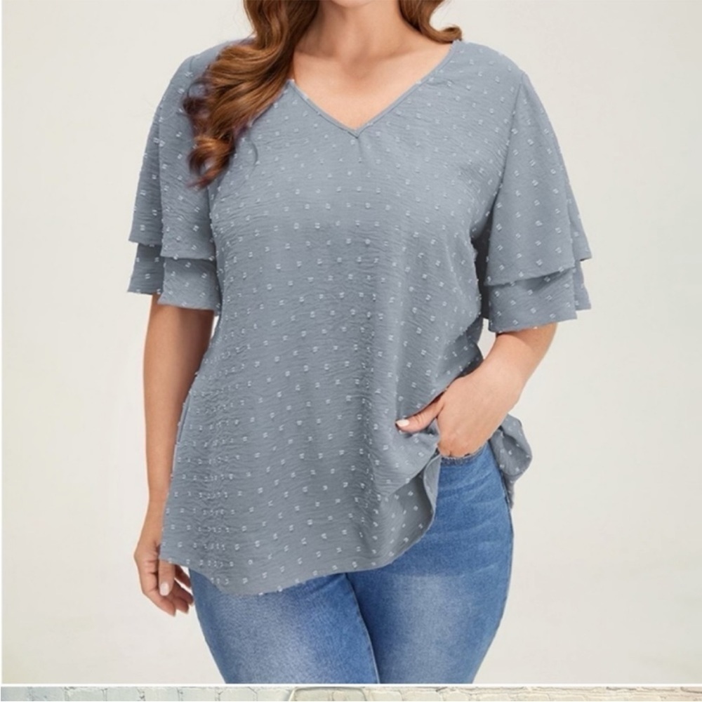 BloomChic Teal Dot V-Neck Ruffle Sleeve Top - Picture 4 of 4